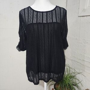 SAEA ATELIER Elegant Sheer Black Lace Top with ruffle elastic‎ sleeves. Size M